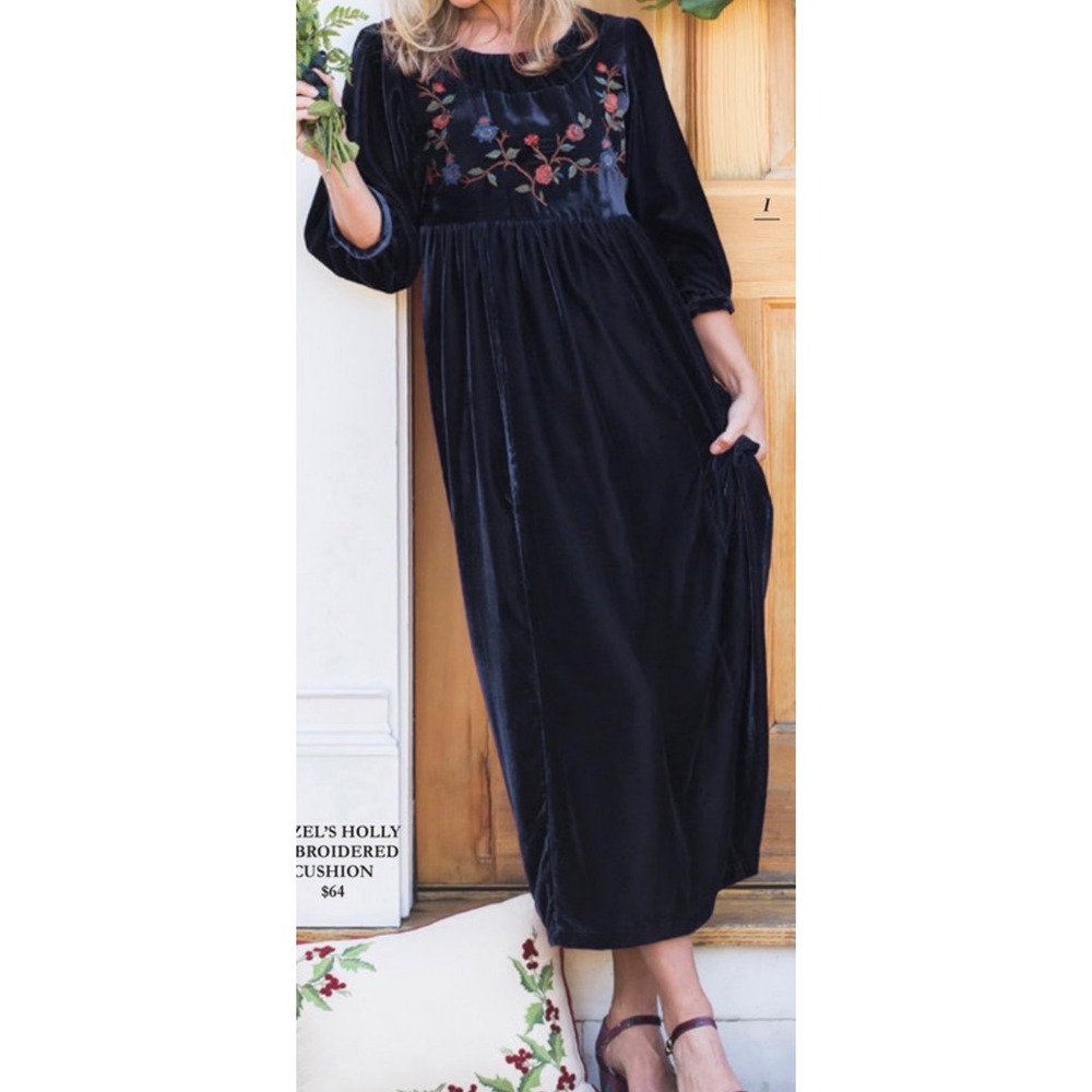 APRIL CORNELL Dark Blue Velvet Embroidered Floral Fall Regency Boho Maxi Dress S